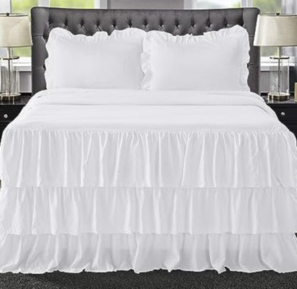 3 Piece Ruffle Skirt Bedspread Set Queen - White 30 inches Drop Ruffled Style Bed Skirt Coverlets Bedspreads Dust Ruffles - Bedding Collections Queen Size - 1 Bedspread, 2 Standard Shams (Echo)