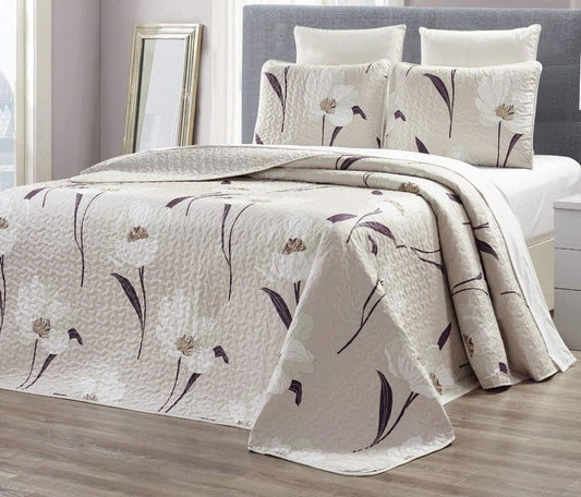 3-Piece Fine Printed Oversize (115" X 95") Quilt Set Reversible Bedspread Coverlet King Size Bed Cover (Taupe, Brown, White Tulip Floral)