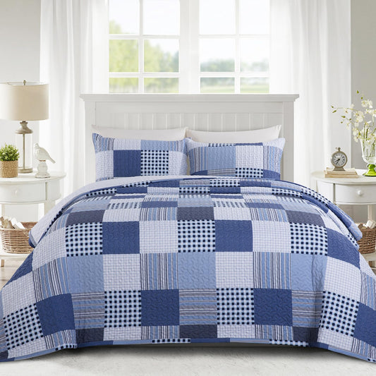 128x120 Oversized King Plaid Patchwork Bedspread, Lightweight Checkered Quilted Bedspread Coverlet Set, All Season Home Bedding Decor with 2 Pillow Shams, Blue Grey