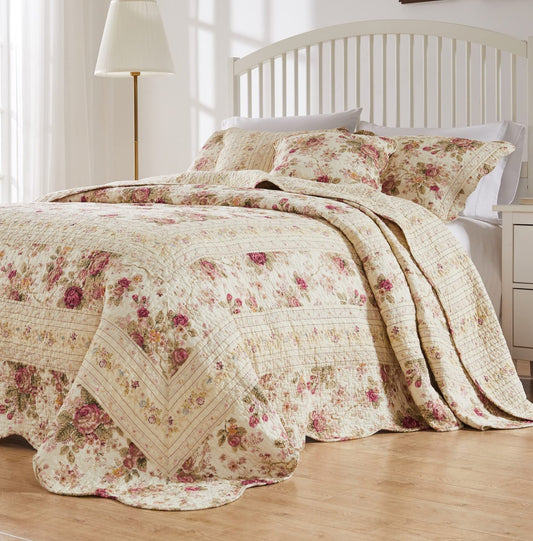 Antique Rose 100% Cotton Shabby Chic Bedspread Set, 3-Piece King, Ecru