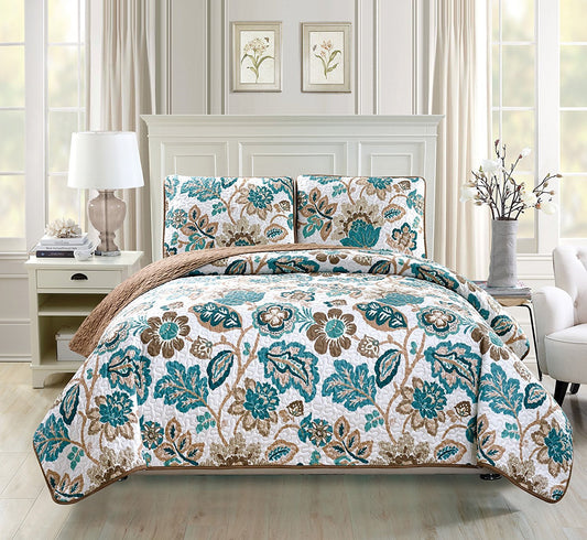 3pc Oversize Quilted Coverlet Bedspread Set New (King/California King, White, Brown, Teal Floral)